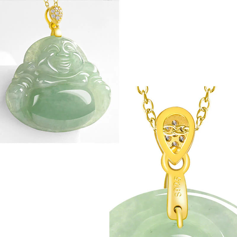 Buddha Stones Natural Jade Laughing Buddha Luck Prosperity Titanium Steel Chain Necklace Pendant