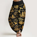 Buddha Stones Cotton Gorgeous Tree Crane Architecture Cloud Peony Pattern Women's Elastic Waist Harem Pants