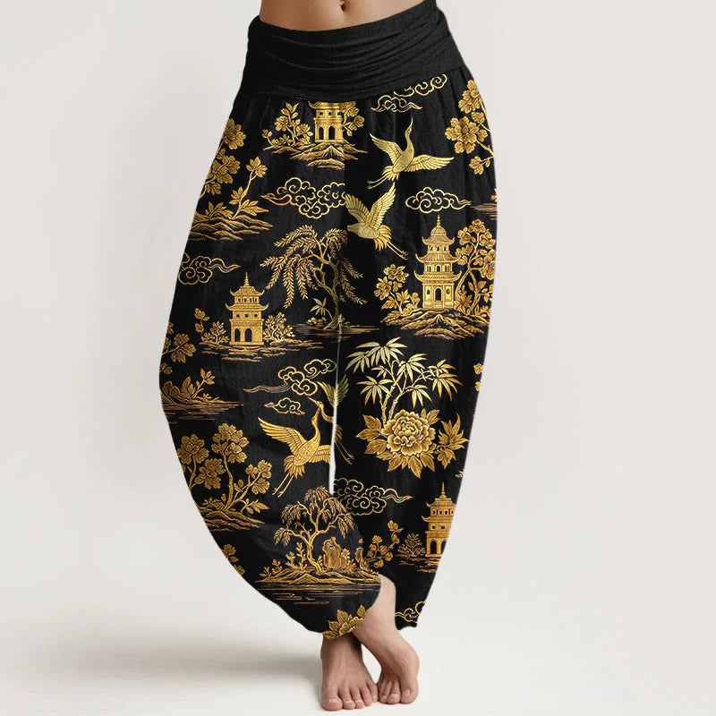 Buddha Stones Cotton Gorgeous Tree Crane Architecture Cloud Peony Pattern Women's Elastic Waist Harem Pants