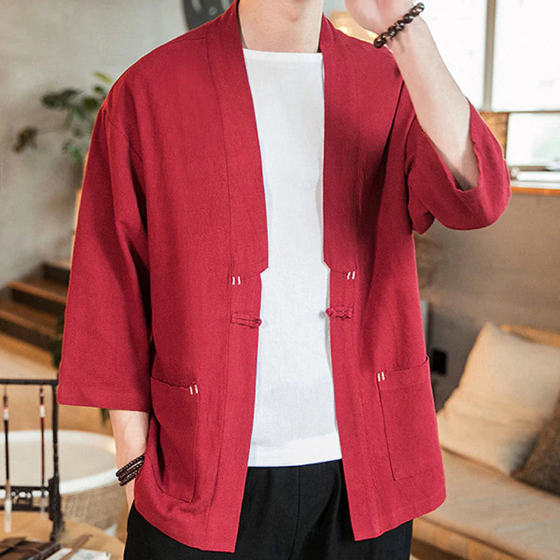 Buddha Stones Plain Chinese Frog-Button Jacket Cotton Linen Men's Three Quarter Sleeve Kimono