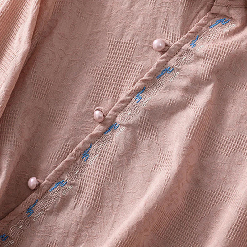 Buddha Stones Fall Embroidery Asymmetrical Design Frog-Button Women's Cotton Long Sleeve Shirt