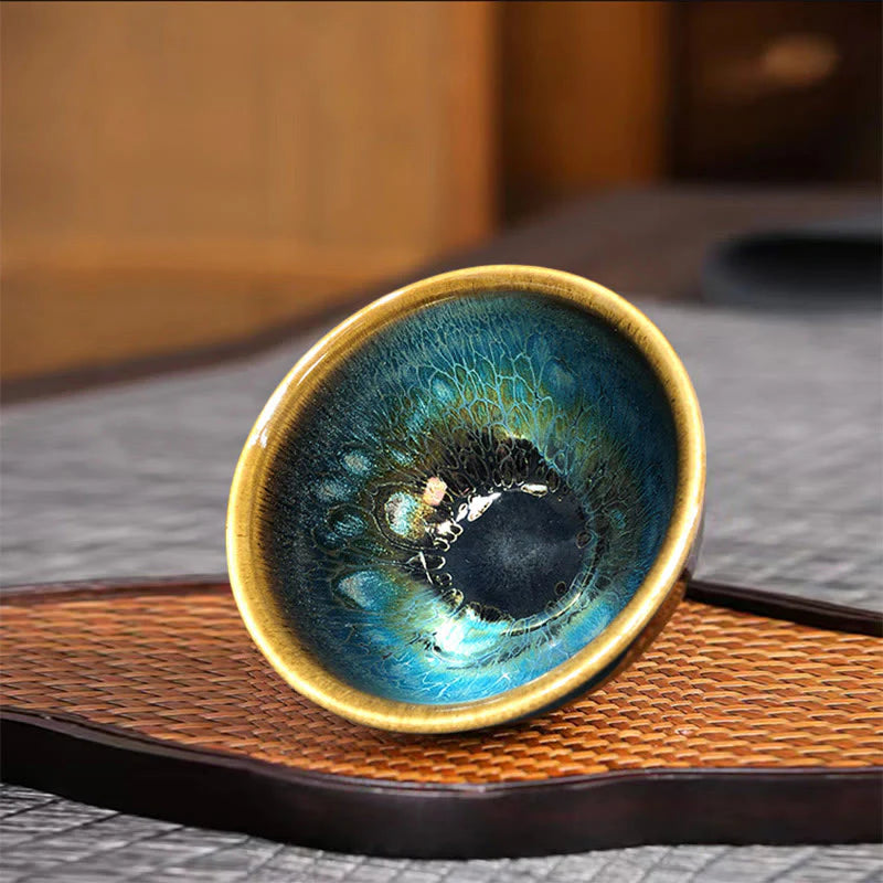 Buddha Stones Vintage Handmade Chinese Jianzhan Blue Colorful Glaze Ceramic Teacup Ceramic Kung Fu Tea Cup