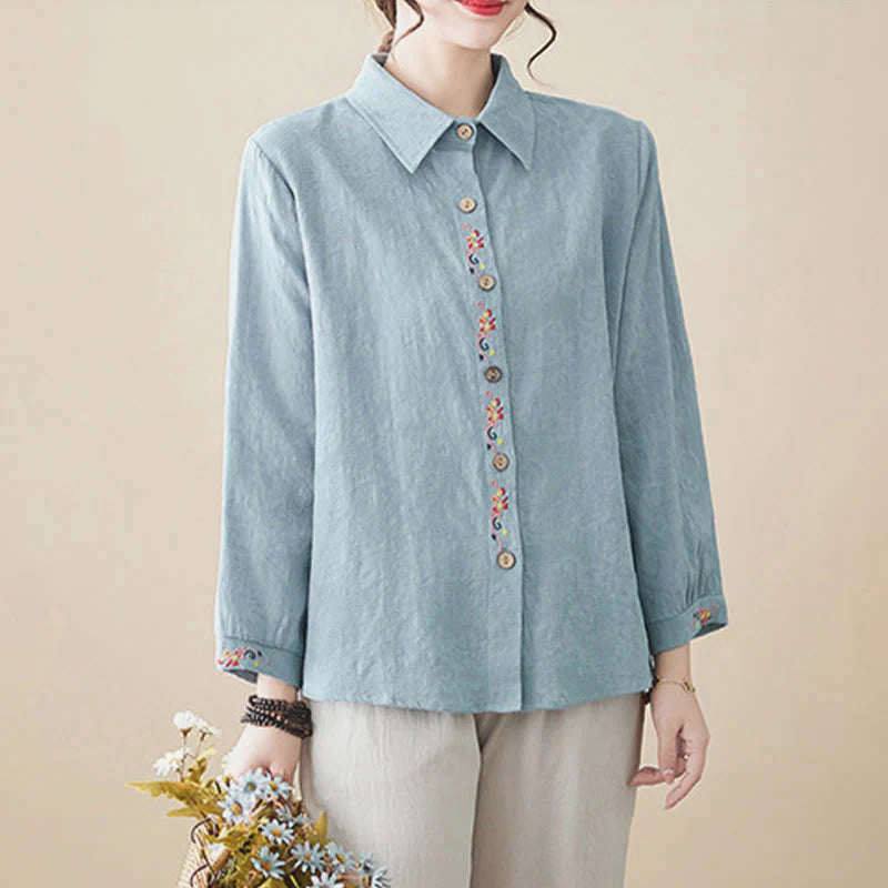 Buddha Stones Spring Plain Embroidered Flower Pattern Button Women's Long Sleeve Cotton Lapel Shirt