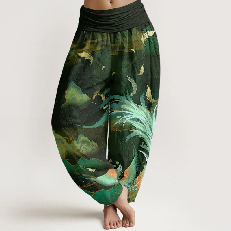Buddha Stones Cotton Phoenix Mountain Cloud Pattern Women's Elastic Waist Harem Pants