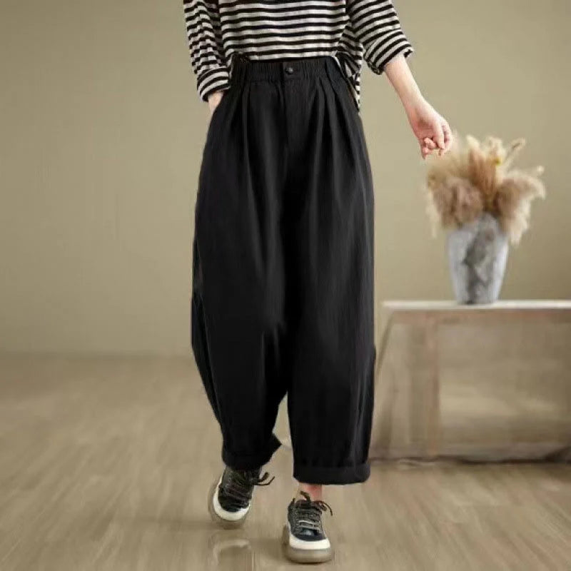 Buddha Stones Casual Solid Color One Top Button Elastic Waistband Women's Pants With Pockets