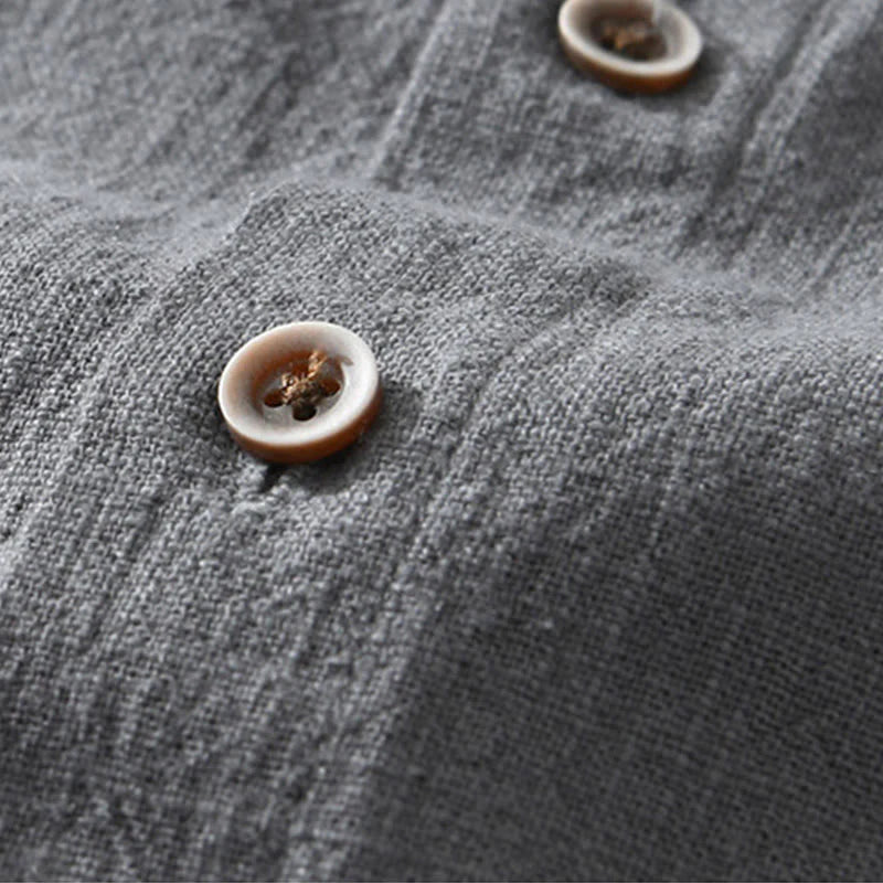 Buddha Stones Casual Buttons Design Stand Collar Men's Short Sleeve Cotton Linen Shirt With Pockets