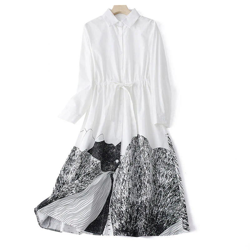 Buddha Stones Printing Irregular Lines Long Sleeve Lace-up Lapel Cotton Midi Dress With Pockets