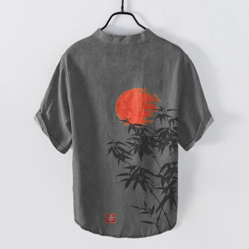 Buddha Stones Cotton Simple Red Sun Bamboo Pattern Men's Short Sleeve Half Button Shirt