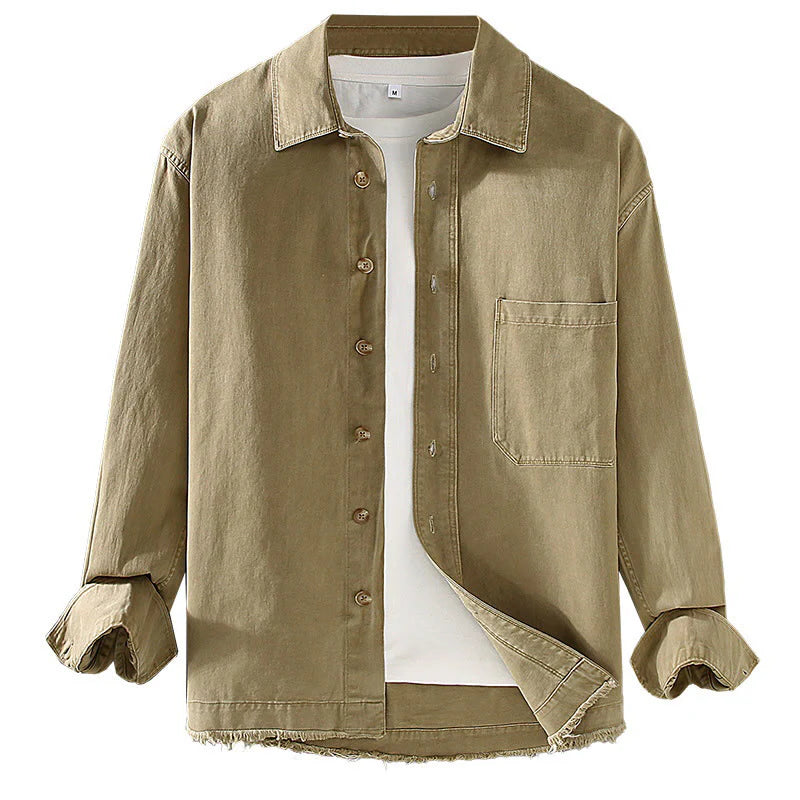 Buddha Stones Men's Pure Color Tassels Hem Design Cotton Long Sleeve Shirt With Pocket