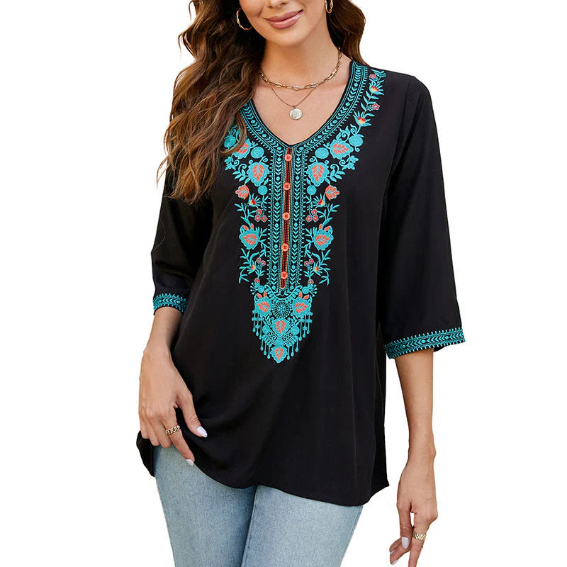 Buddha Stones Summer Casual Embroidery Flower Leaf Half Sleeve V-neck Cotton Women's T-Shirt