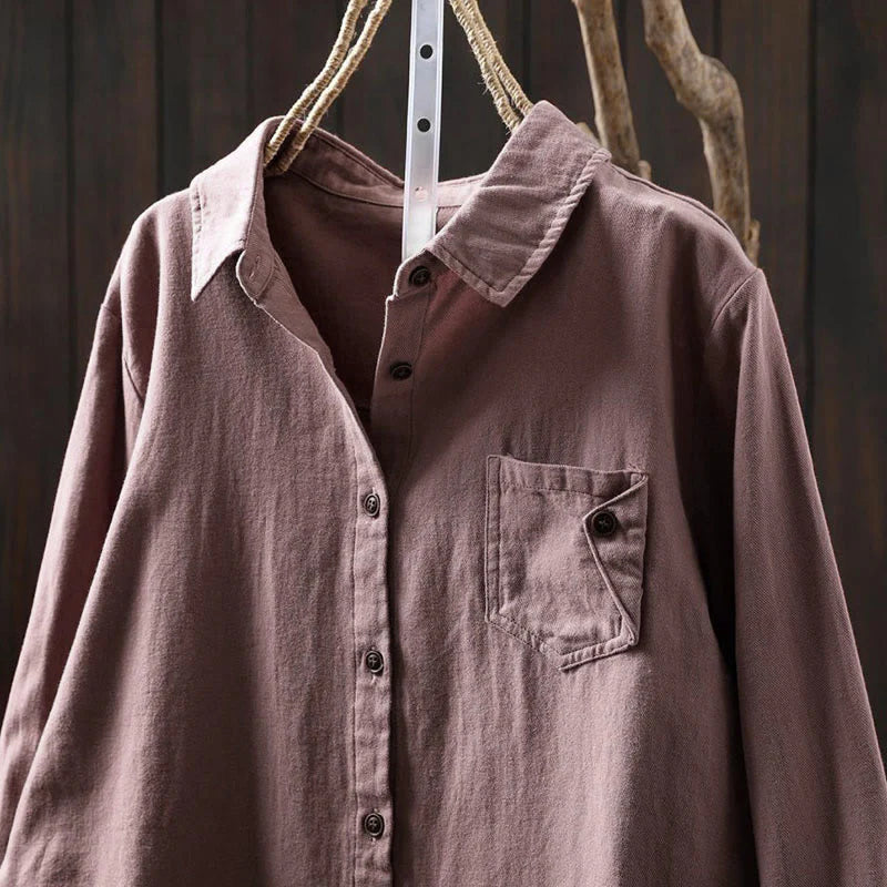 Buddha Stones Fall Buttons Down Pocket Decor Design Women's Stand Collar Long Sleeve Cotton Shirt