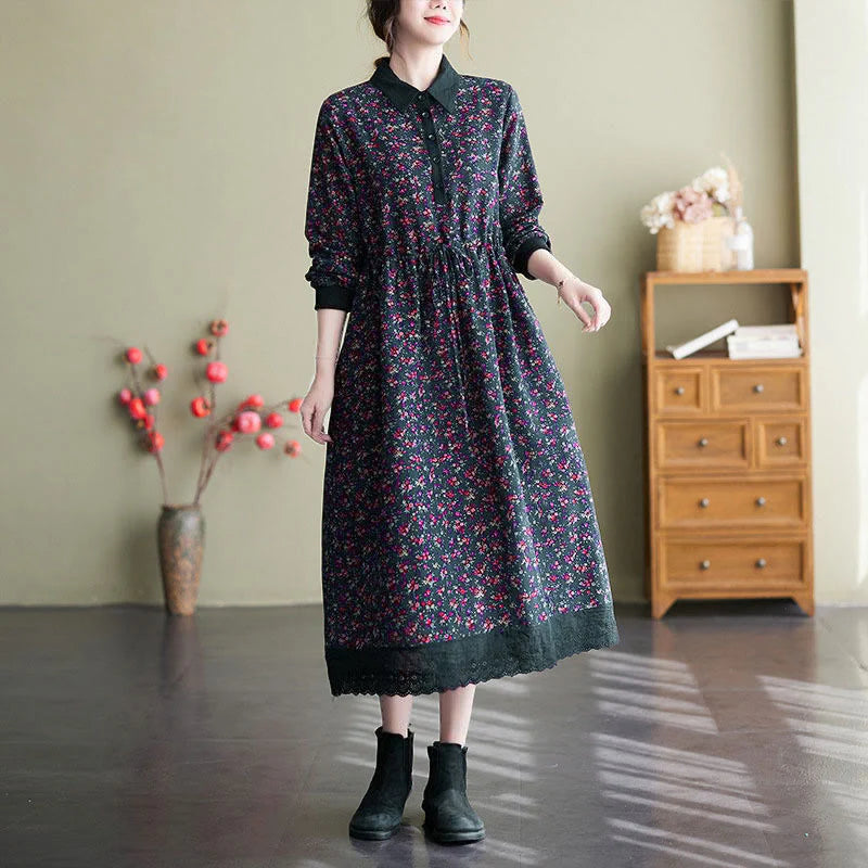 Buddha Stones Ethnic Printed Drawstring Long Sleeve Cotton Midi Dress With Pockets