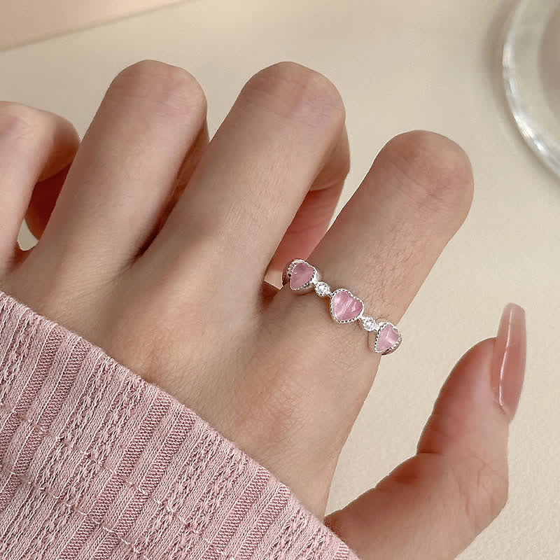 Buddha Stones 925 Sterling Silver Pink Cat's Eye Heart Design Adjustable Love Ring