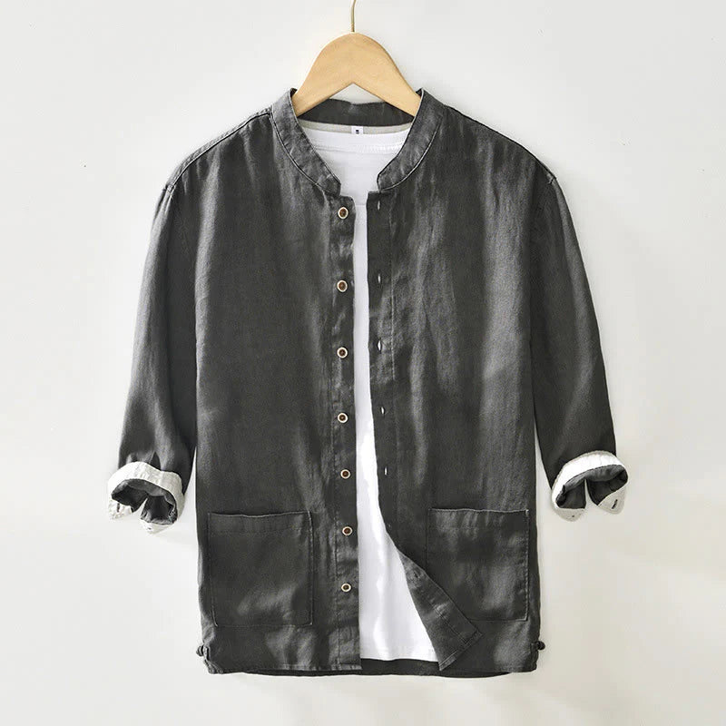 Buddha Stones Fall Solid Color Buttons Down Stand Collar Three Quarter Sleeve Linen Men's Shirt With Pockets