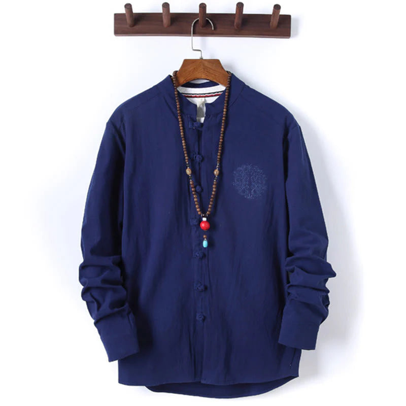 Buddha Stones 2Pcs Solid Color Men's Frog-Button Long Sleeve Cotton Shirt Pants Set With Pockets