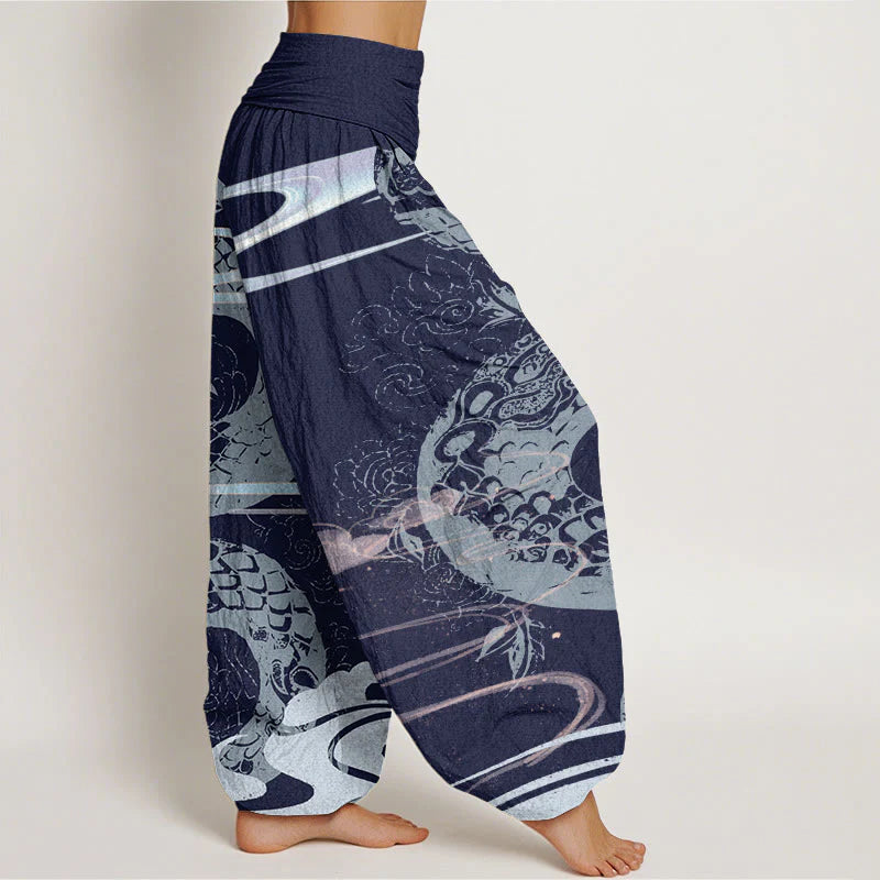 Buddha Stones Cotton Auspicious Clouds With Snake Pattern Women's Elastic Waist Harem Pants