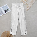 Buddha Stones Summer Plain Color Splicing Design Cotton Linen Women's Pants With Pockets