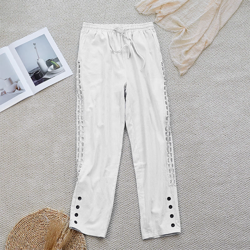 Buddha Stones Summer Plain Color Splicing Design Cotton Linen Women's Pants With Pockets