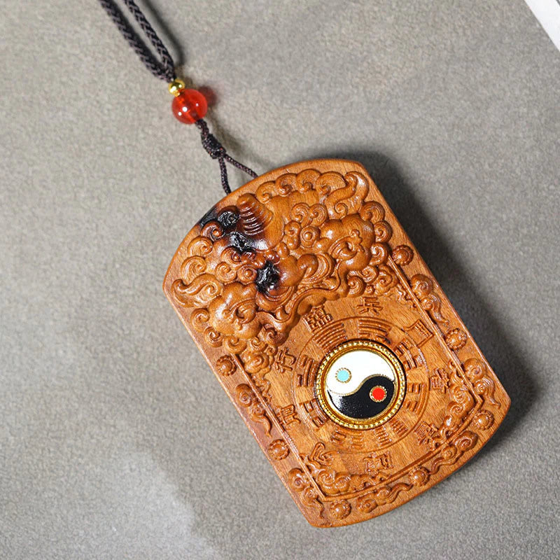 Buddha Stones Lightning Struck Jujube Wood Dragon Yin Yang Bagua Protection Necklace Pendant