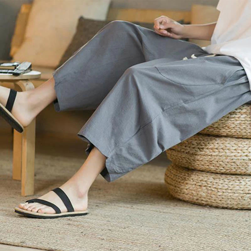 Buddha Stones Solid Color Mid-length Linen Men's Wide Leg Pants With Pockets