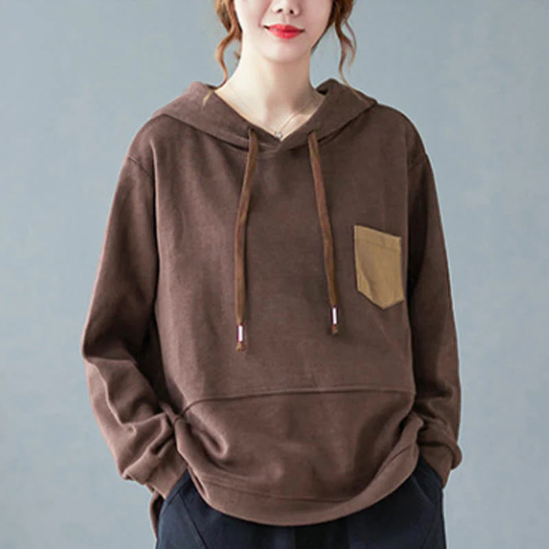 Buddha Stones Fall Solid Color Decorative Pocket Cotton Long Sleeve Women's Hoodie