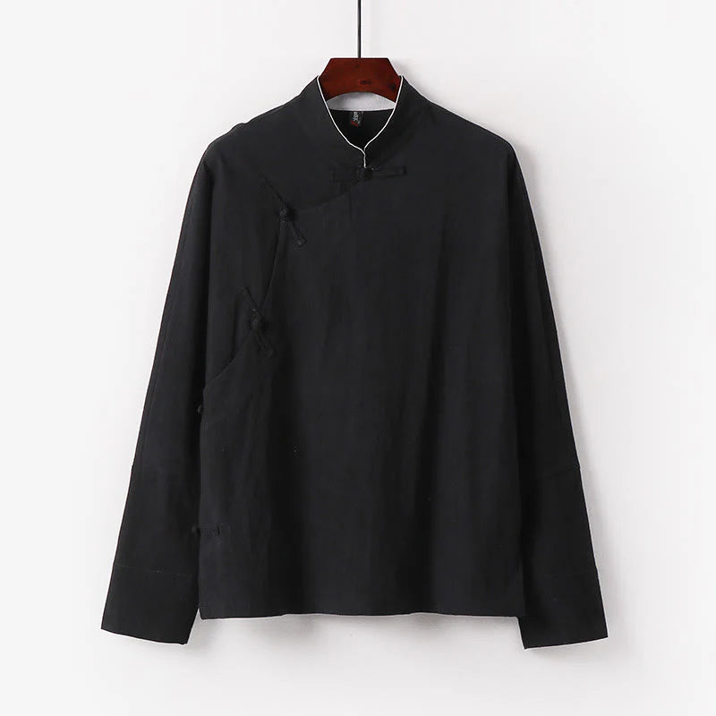 Buddha Stones Vintage Plain Chinese Frog-Button Cotton Long Sleeve Men's Shirt