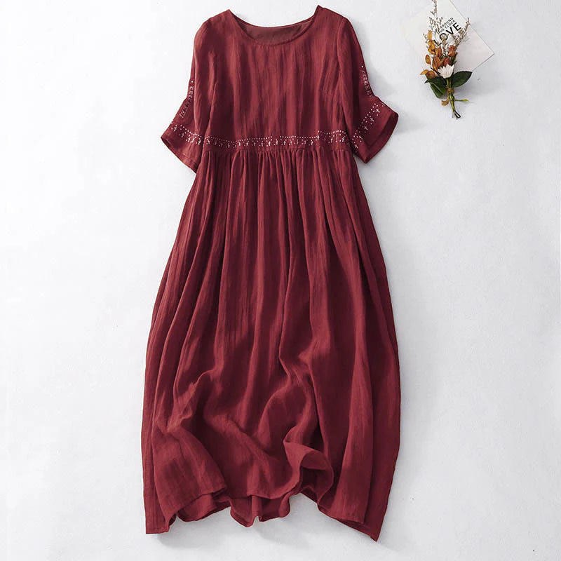 Buddha Stones Solid Color Embroidery Short Sleeve Cotton Midi Dress