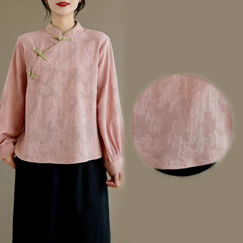 Buddha Stones Spring Traditional Floral Frog-Button Stand Collar Long Sleeve Women's Cotton Shirt