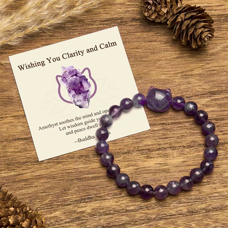 Buddha Stones Wishing You Clarity and Calm Cute Cat Amethyst Bracelet Includes Gift Message Card