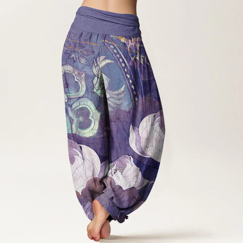 Buddha Stones Cotton White Lotus Leaves Pattern Casual Women's Elastic Waist Harem Pants