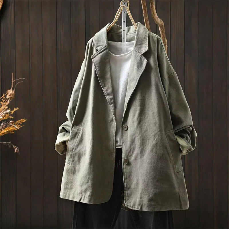 Buddha Stones Spring Fall Buttons Lapel Collar Long Sleeve Mid-length Cotton Women's Jacket With Pockets