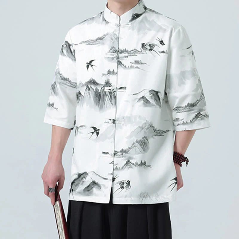 Buddha Stones Printing Chinese Ink Landscape Pattern Men's Frog-button Half Sleeve Shirts