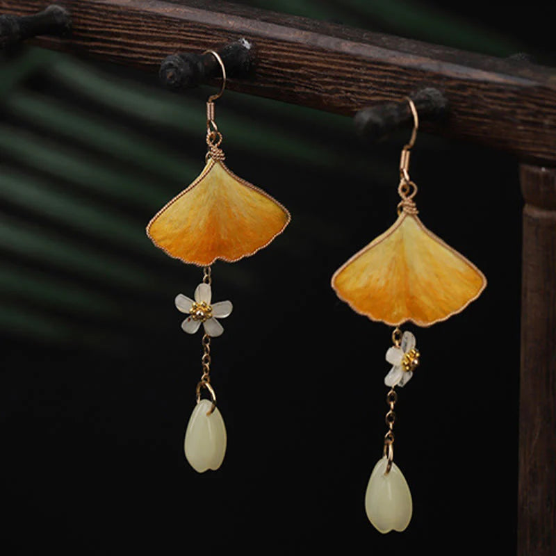 Buddha Stones Handmade Silk Craft Yellow Ginkgo Leaf Copper Hook Good Fortune Dangle Earrings