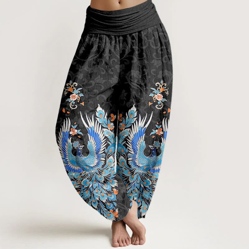 Buddha Stones Cotton Phoenix Peach Blossom Pattern Women's Elastic Waist Harem Pants