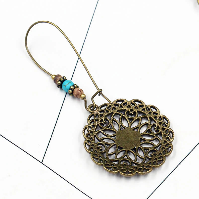 Buddha Stones Round Flower Design Luck Dangle Drop Earrings