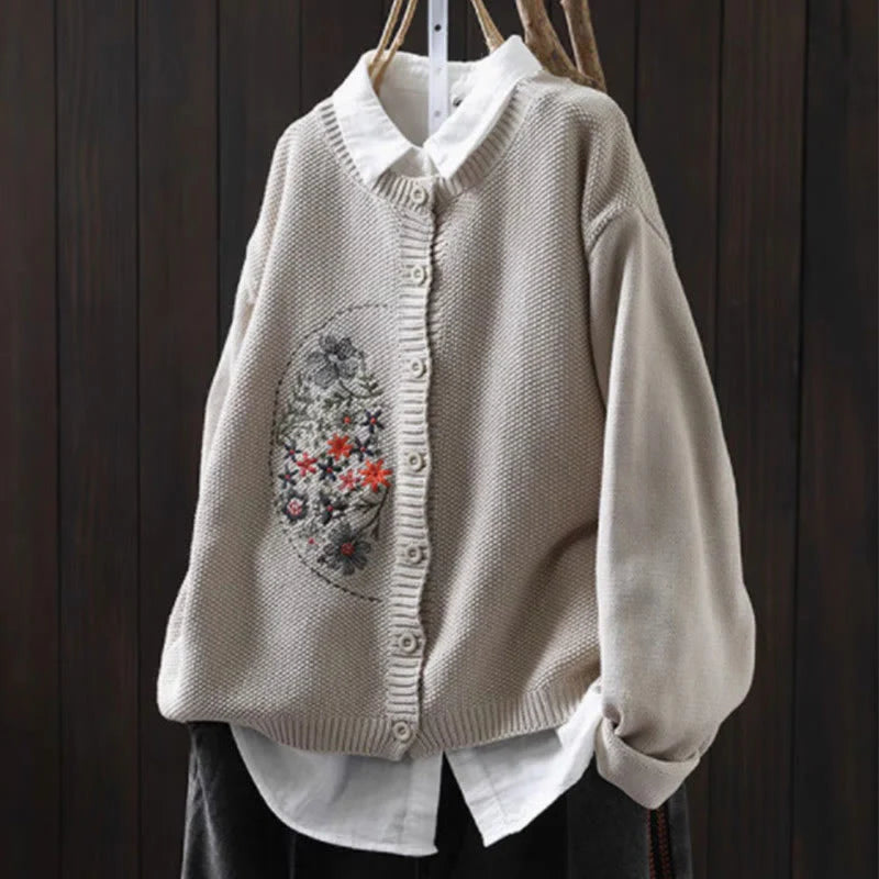Buddha Stones Floral Embroidery Buttons Cotton Women's Long Sleeve Knitted Cardigan Sweater