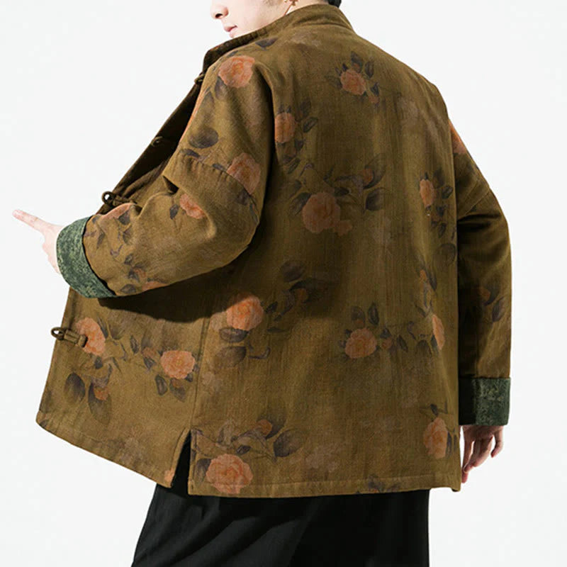 Buddha Stones Spring Printed Floral Pattern Men's Chinese Frog-button Long Sleeve Cotton Jacket