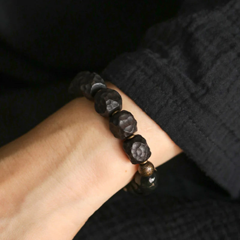 Buddha Stones Black Obsidian Ebony Wood Copper Strength Couple Bracelet (Extra 30% Off | USE CODE: FS30)