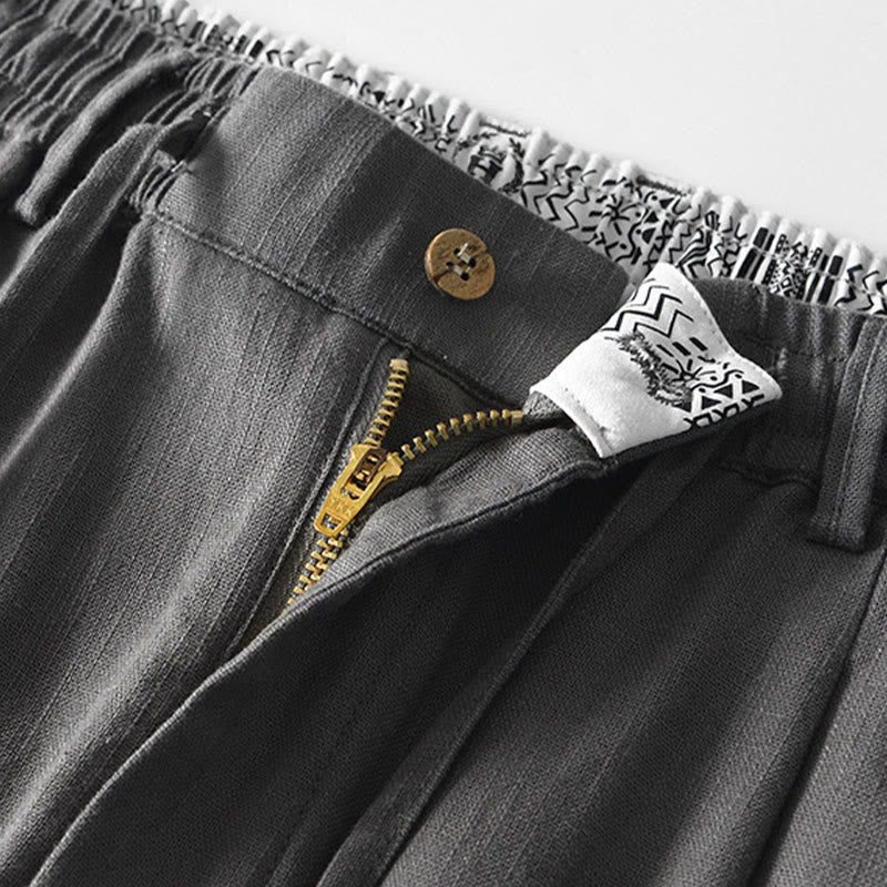 Buddha Stones Fall Solid Drawstring Zipper Men's Linen Wide Leg Pants With Pockets