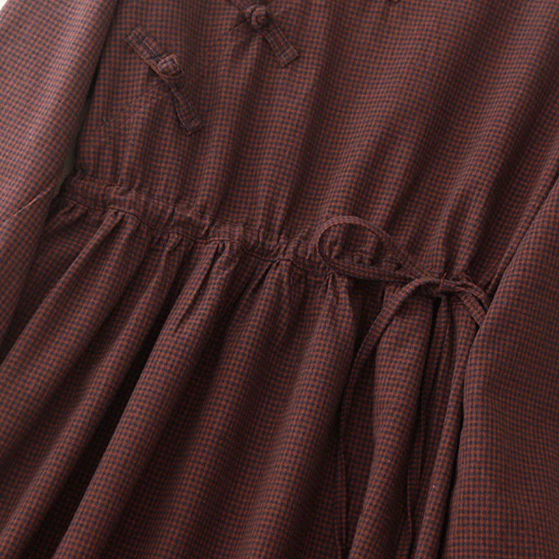 Buddha Stones Fall Brown Plaid Stand Collar Frog-Button Design Long Sleeve Midi Dress With Pockets
