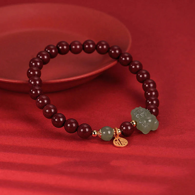 Buddha Stones 925 Sterling Silver Year of the Dragon Natural Cinnabar Hetian Jade Dragon Fu Character Ruyi As One Wishes Charm Blessing Bracelet (Extra 30% Off | USE CODE: FS30)