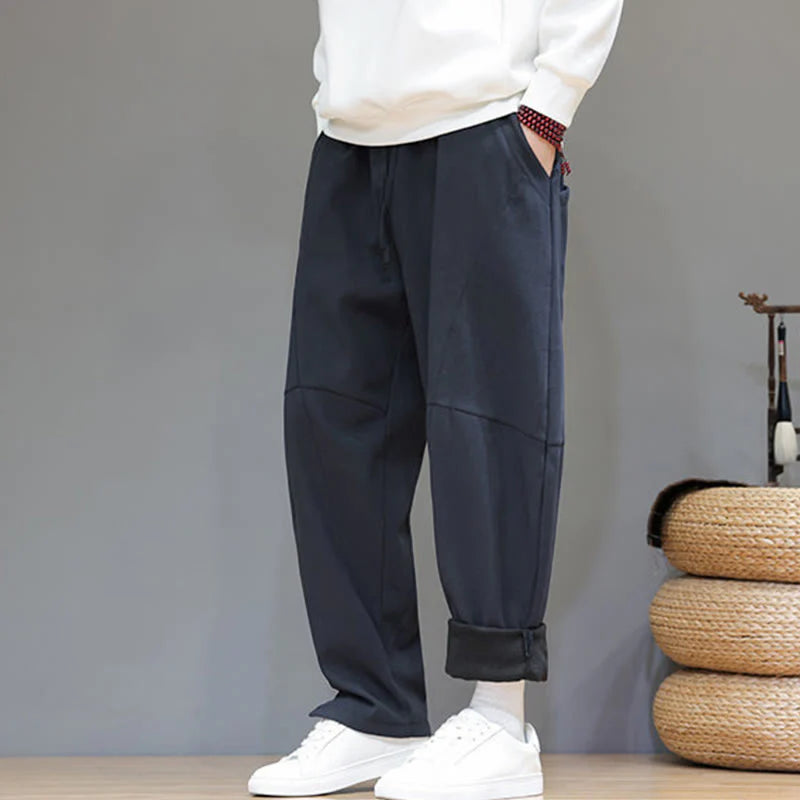 Buddha Stones Winter Solid Color Fleece-lined Men's Cotton Linen Pants With Pockets