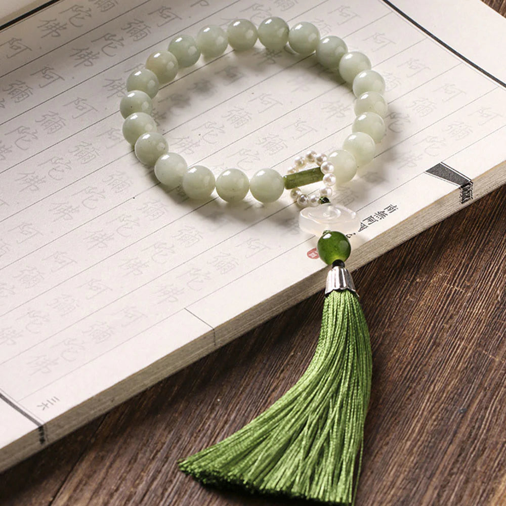 Buddha Stones Green Jade Beads Pearl Prosperity Tassels Wrist Mala