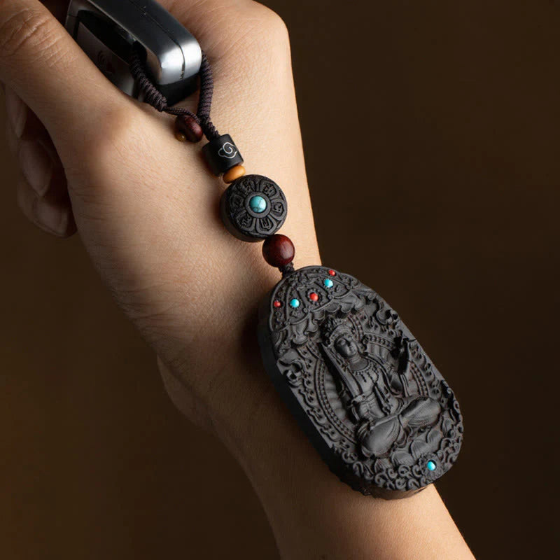Buddha Stones Chinese Zodiac Natal Buddha Year of the Horse Om Mani Padme Hum Lotus Ebony Blessing Key Chain