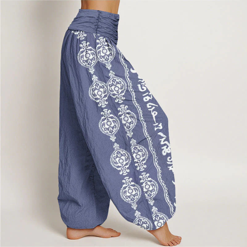 Buddha Stones Cotton Mandala Om Mani Padme Hum Women's Elastic Waist Harem Pants