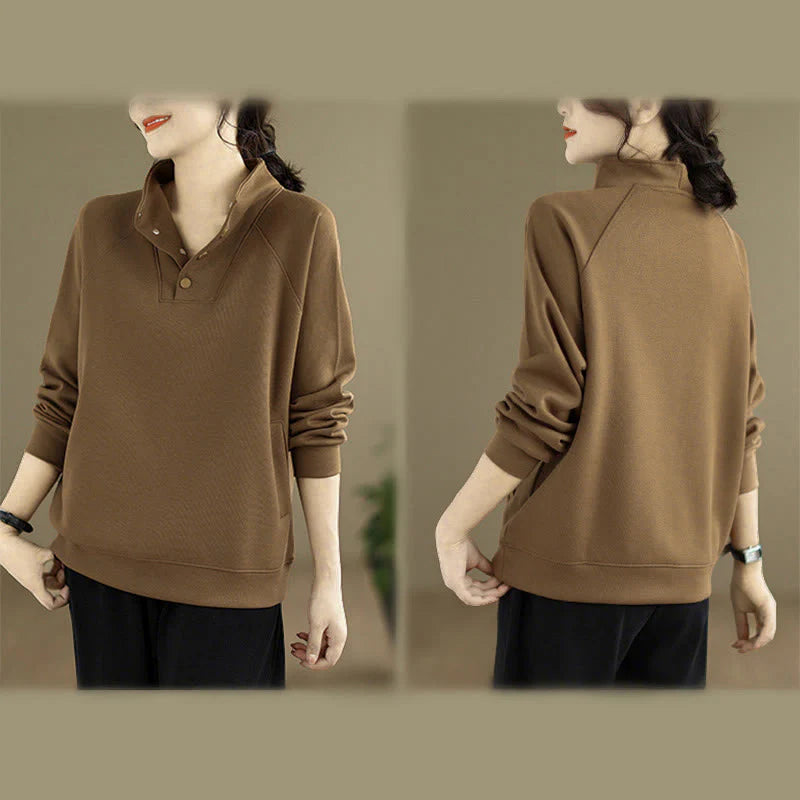 Buddha Stones Fall Solid Stand Collar Buttons Design Long Sleeve Women's Cotton Sweatshirt