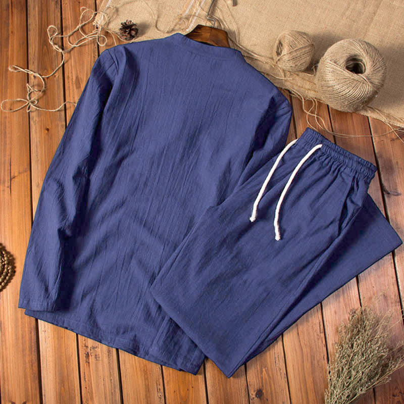 Buddha Stones Pure Color Long Sleeve Top Pants Clothing Men's Set