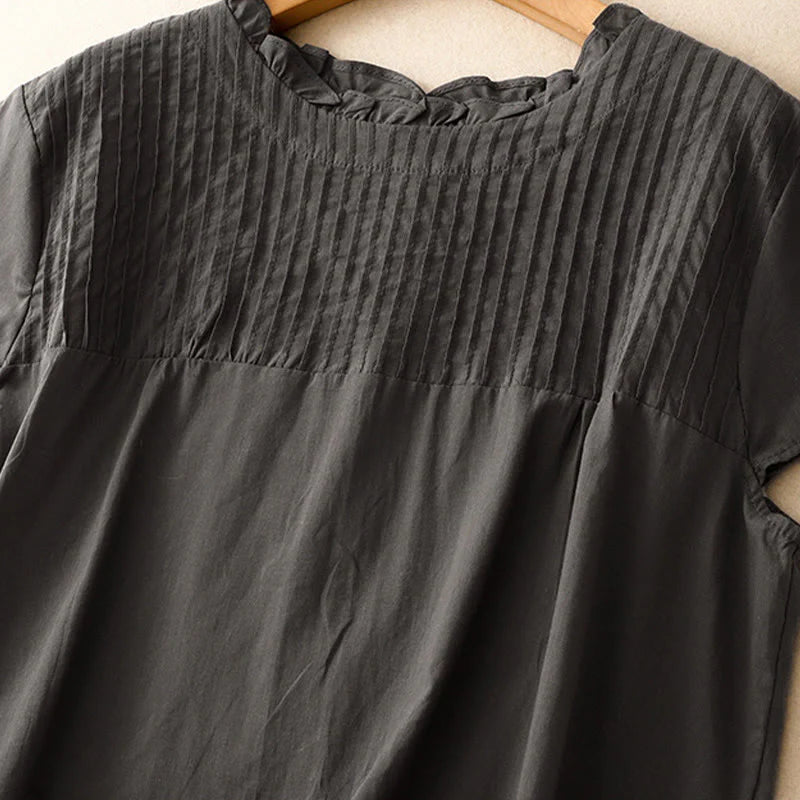 Buddha Stones Summer Pure Color Ruffled Pleated Design Women's Cotton Short Sleeve Shirt