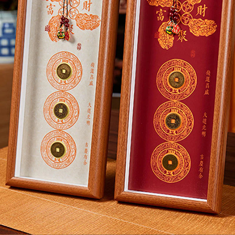 Buddha Stones Copper Coins Cinnabar Attract Fortune Blessing Photo Frame Ornament Home Decor