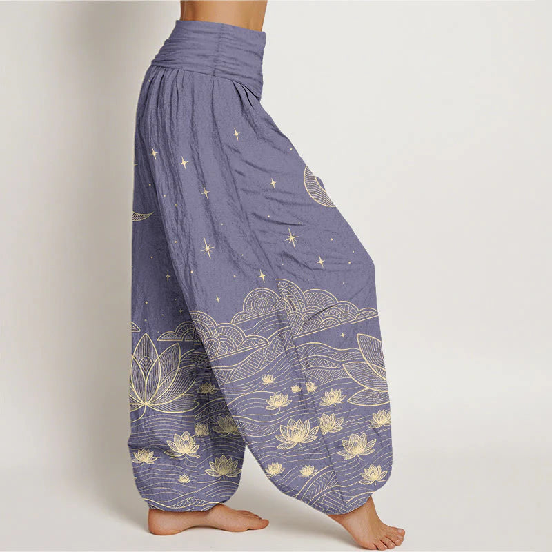 Buddha Stones Pure Cotton Elegant Moon Star Cloud Lotus Flower Water Ripple Pattern Women's Elastic Waist Harem Pants